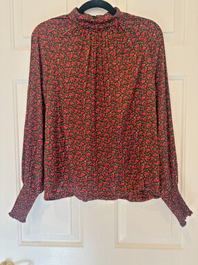 Gap Floral Mock Neck Blouse Red Black Ditsy Print Long Sleeve Small 4-8 BOHO